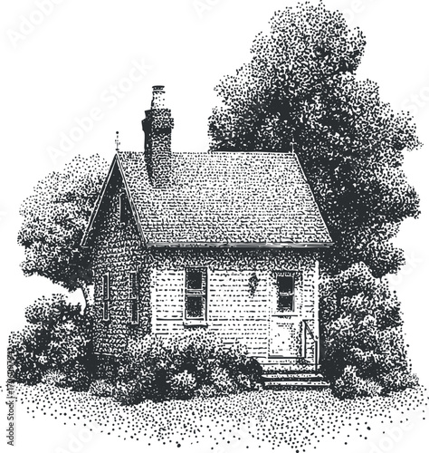 A vintage illustration of a charming cottage surrounded by trees and greenery.