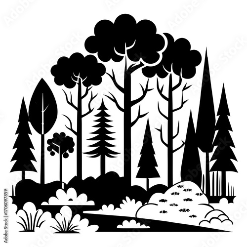 Illustration de vecteur de conception de dessin animé de jardin de forêt de printemps avec l'arbre et les fleurs sous le soleil