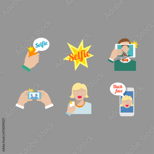 Collection of modern lifestyle icons depicting people taking selfies