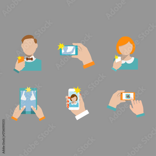Flat design icon set of people taking selfies with mobile devices