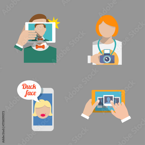 Modern digital photography and social media self-portrait icons set