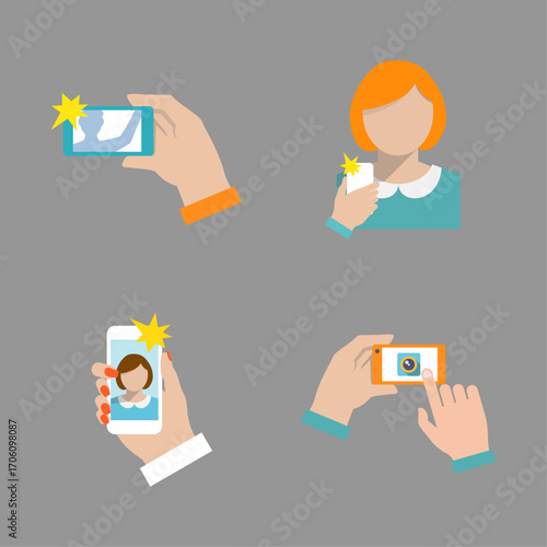 Set of flat vector icons illustrating mobile photography and selfie culture
