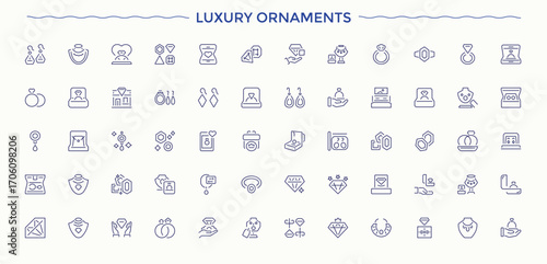 Luxury Ornaments icon set in line style. Jewellery vector icon set. Icons for UI design. Includes thin line symbols gems, fashion, precious, gold, jewelry and more. Pixel perfect. Editable stroke.