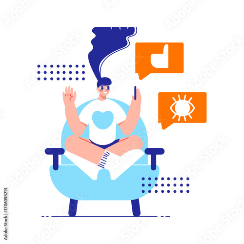 Modern Person Using Smartphone in Comfortable Chair with Social Media Icons