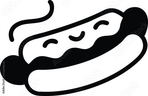 Black and White Cartoon Hot Dog with Smiling Face and Steam on White Background food fast food