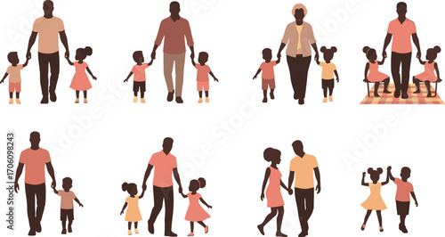 Family bonding vector illustration showing parents and children in various caring poses, highlighting parenting, love, support, and emotional connection