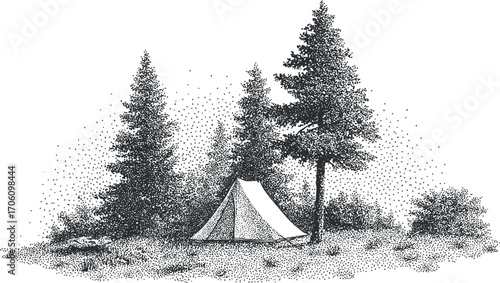 A serene camping scene featuring a tent surrounded by tall trees in a tranquil forest.