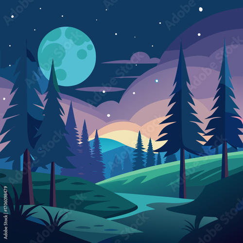 Sombre forêt d'hiver, silhouette d'arbres la nuit sous un ciel étoilé bleu, avec des étoiles et la lune et de la neige