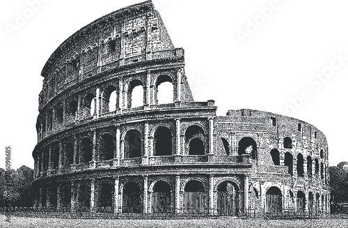 An artistic black and white illustration of the iconic Colosseum in Rome, showcasing its architecture.
