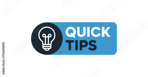 Light bulb icon with bold “QUICK TIPS” text in blue, symbolizing helpful advice, smart ideas, and fast guidance for tutorials or learning content