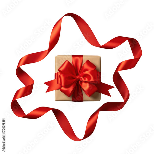 Festive red ribbon forms star shape around brown gift box with lush bow isolated on transparent background