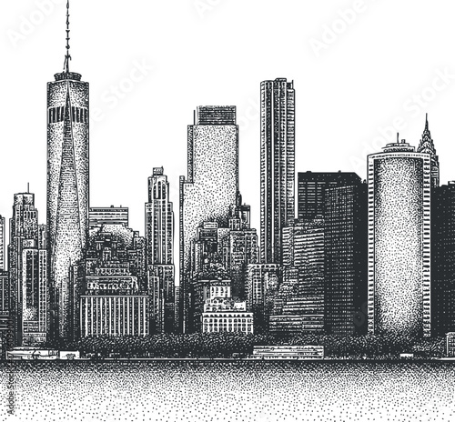 Detailed black and white illustration of New York City skyline featuring iconic buildings.