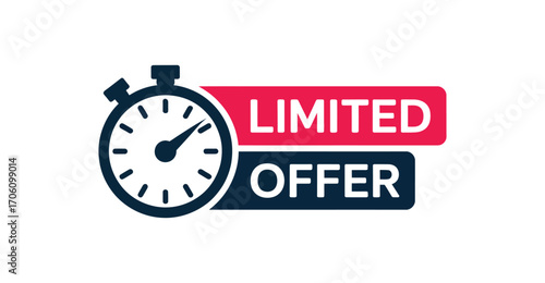 Stylized stopwatch icon with bold “LIMITED OFFER” text in red and blue, symbolizing urgency, flash sale, and time-sensitive promotion
