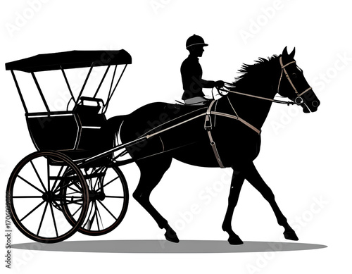 Horse cart silhouette with driver vintage racing isolated
