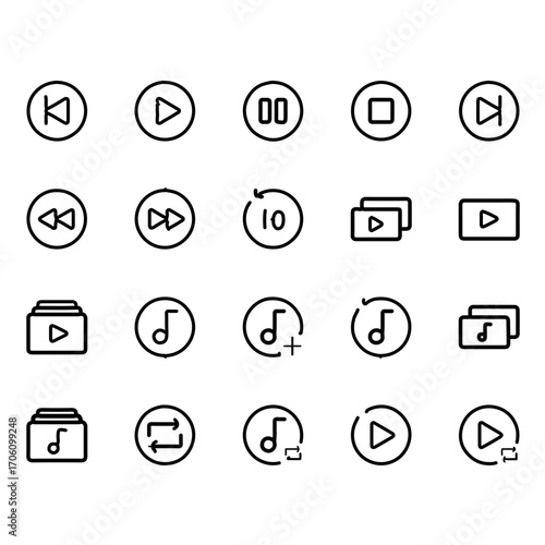 Modern media control icons for digital interfaces and apps, sleek and intuitive design elements