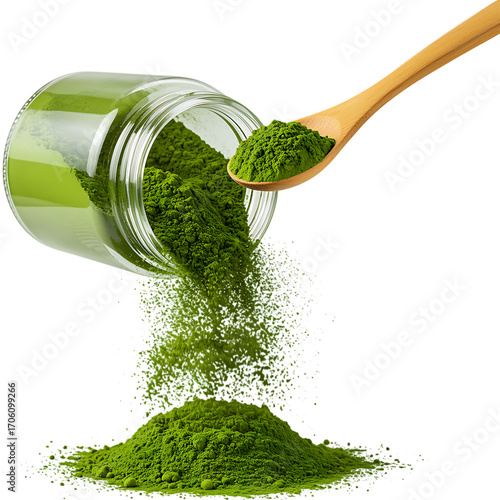 green powder spills from jar with wooden spoon on transparent background