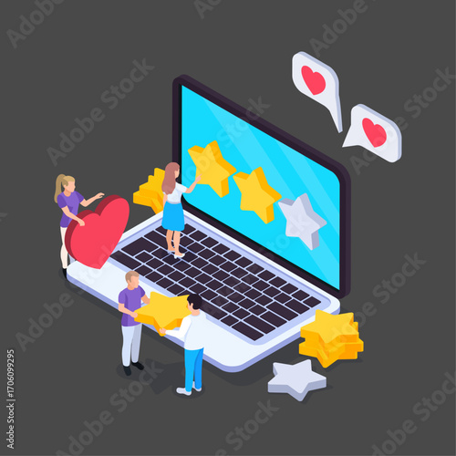 Isometric concept of customer satisfaction with an online review rating system