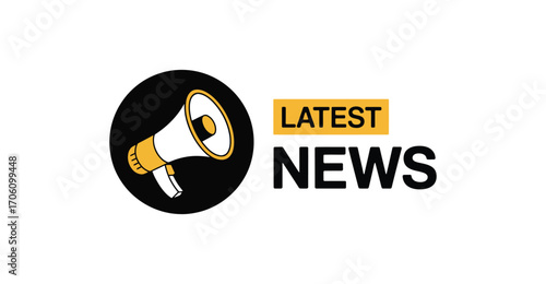Megaphone icon with “LATEST NEWS” text in bold black and yellow, symbolizing announcement, breaking news, media alert, and communication