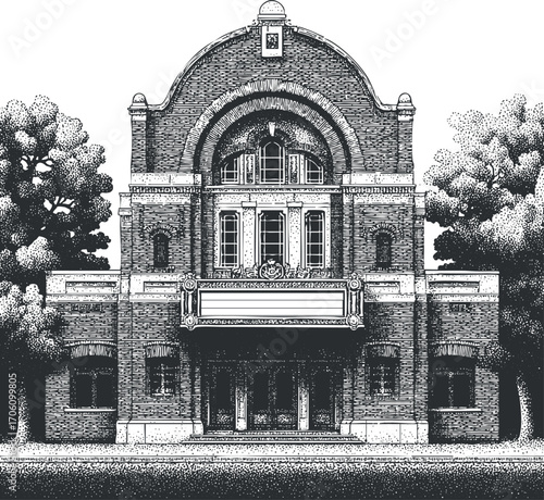 A vintage theater building showcasing intricate architecture and classic design elements in black and white.