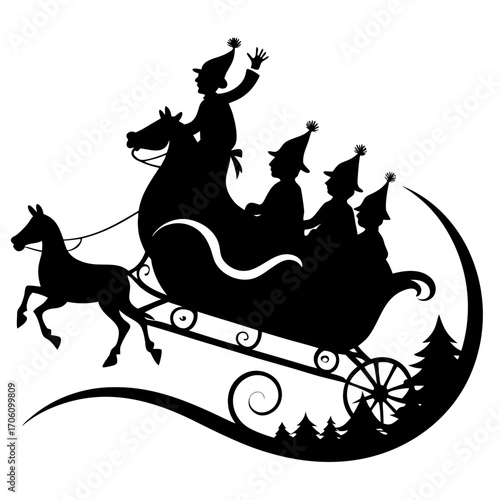 Coucher de soleil silhouette d'un cow-boy chevauchant un cheval dans le sauvage ouest, avec une illustration de dessin animé de noël
