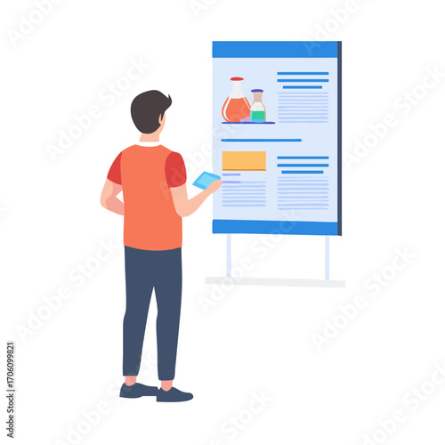 Vector illustration of student presenting science poster, flat clean design education and research project concept
