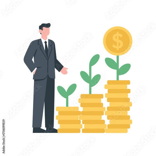 Businessman observing financial growth and investment strategy. Plants sprout from coin stacks, symbolizing increasing wealth, smart money management, and success.