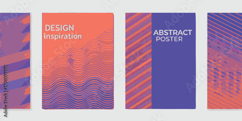 Set of four abstract posters with vibrant coral and purple color gradients and geometric patterns