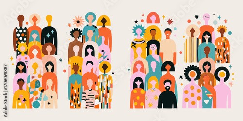 Diverse group of abstract people with varied skin tones and patterns celebrating unity and community