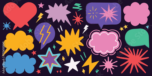 Collection of colorful comic book style speech bubbles and graphic elements on a dark background