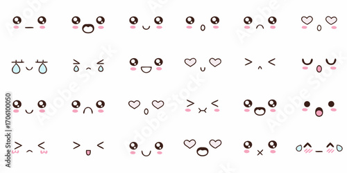 Collection of cute kawaii faces expressing various emotions and feelings with blush cheeks
