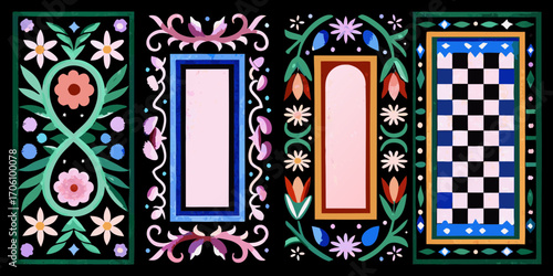 Colorful folk art inspired floral frames and decorative elements on black background