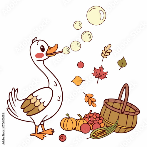 Cute Mischievous Goose, accessorized with blowing bubbles, in a Thanksgiving world – Harvest Blessings palette vector
