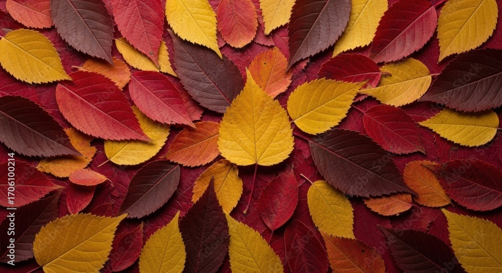 Fototapeta premium Vibrant autumn leaves in a rich tapestry of reds, oranges, and yellows, artfully arranged on a deep maroon surface, showcasing the beauty of nature's color palette.