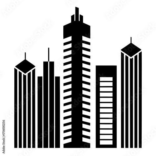 Illustration of a black city skyline silhouette with buildings, a factory, and skyscrapers against the sky, symbolizing urban architecture and business