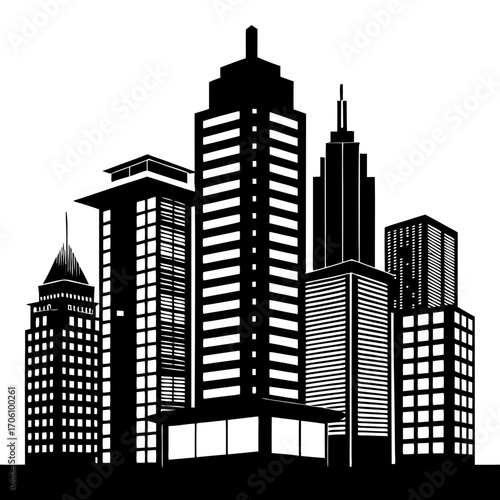 Vector art illustration of an urban architecture skyline with industrial buildings, a factory, and a black house silhouette