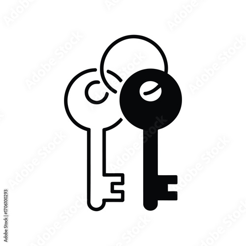 Vintage key trio overlapping in minimalist black and white style, symbolizing access, security, and unlocking potential on white background