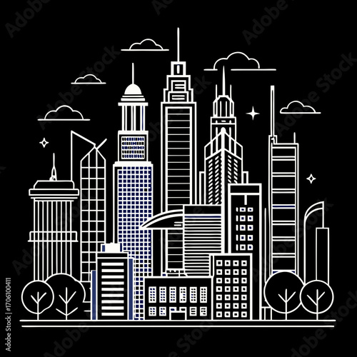 Vector urban landscape silhouette against a setting sun horizon