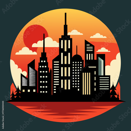 The urban illustration of an old Parisian building silhouette in vector form depicts a classic European village architecture, featuring a detailed sketch of a house of God