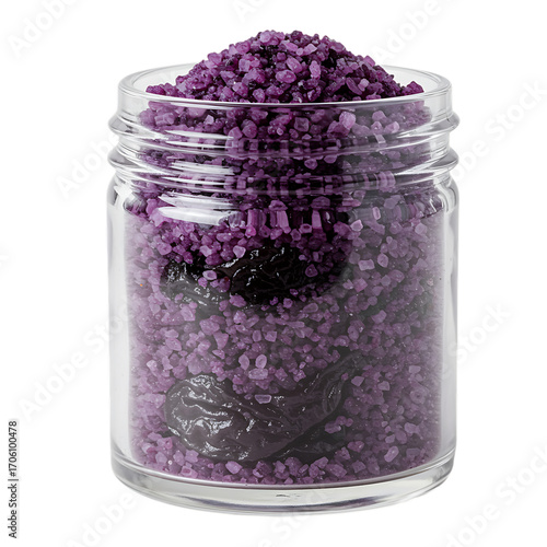purple bath salts in glass jar on transparent background