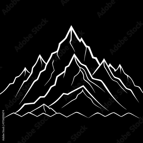 Une illustration vectorielle de montagnes enneigées en hiver, sous un ciel bleu avec des pins et des nuages, capturant la vue froide et la nature des Alpes