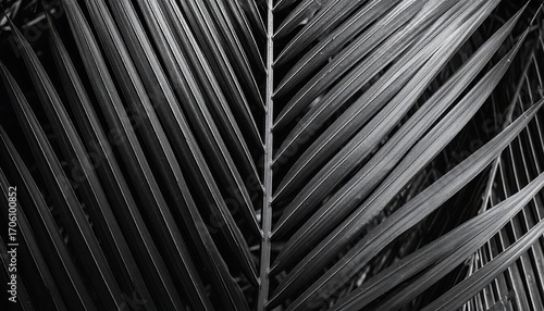 Close-up view of intricate palm frond patterns, showcasing a striking black and white texture.