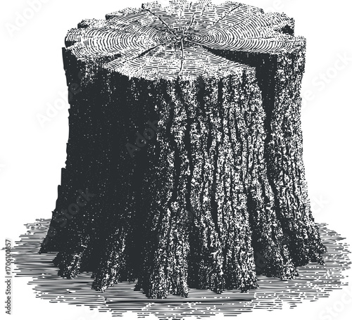 A detailed illustration of a tree stump showcasing growth rings and textured bark.