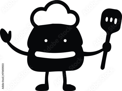 Black silhouette of a cartoon chef character with a spatula and chef hat on a white background cook
