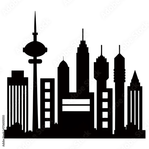 Black industrial office buildings form an urban silhouette, an architectural illustration of a city's growth