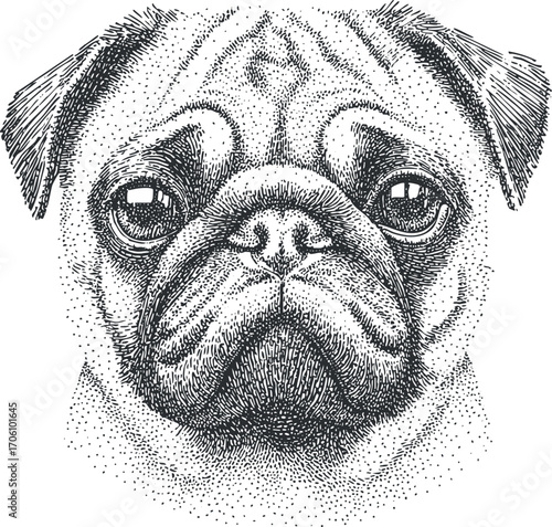 Detailed illustration of a pug dog featuring its unique facial expressions and features.