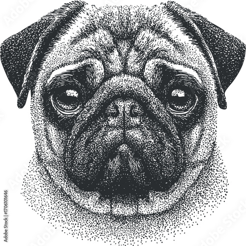 Detailed black and white illustration of a pug dog's face showcasing its unique features and expression.