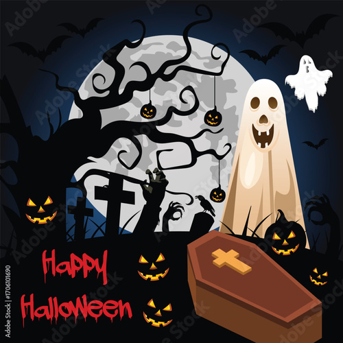 Spooky Halloween Scene with Witch, Pumpkins, and Haunted House
