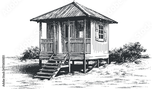 A detailed sketch of a charming wooden cabin surrounded by nature in a tranquil setting.