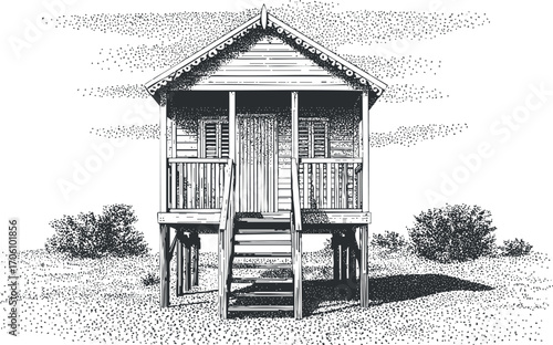 A detailed illustration of a wooden house on stilts surrounded by nature and landscape.