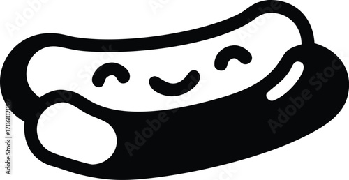 Black Silhouette of a Happy Cartoon Hot Dog with a Bun and Smiling Face sausage food